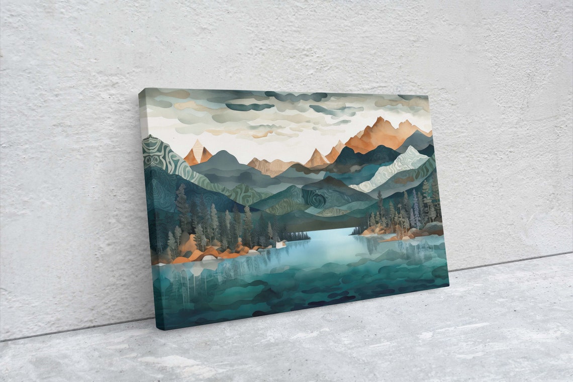 Lakeside Mountains On Lake View Mountains Abstract Landscape Modern Landscape Neutral Tones Subtle Color Watercolor Print - Image 2