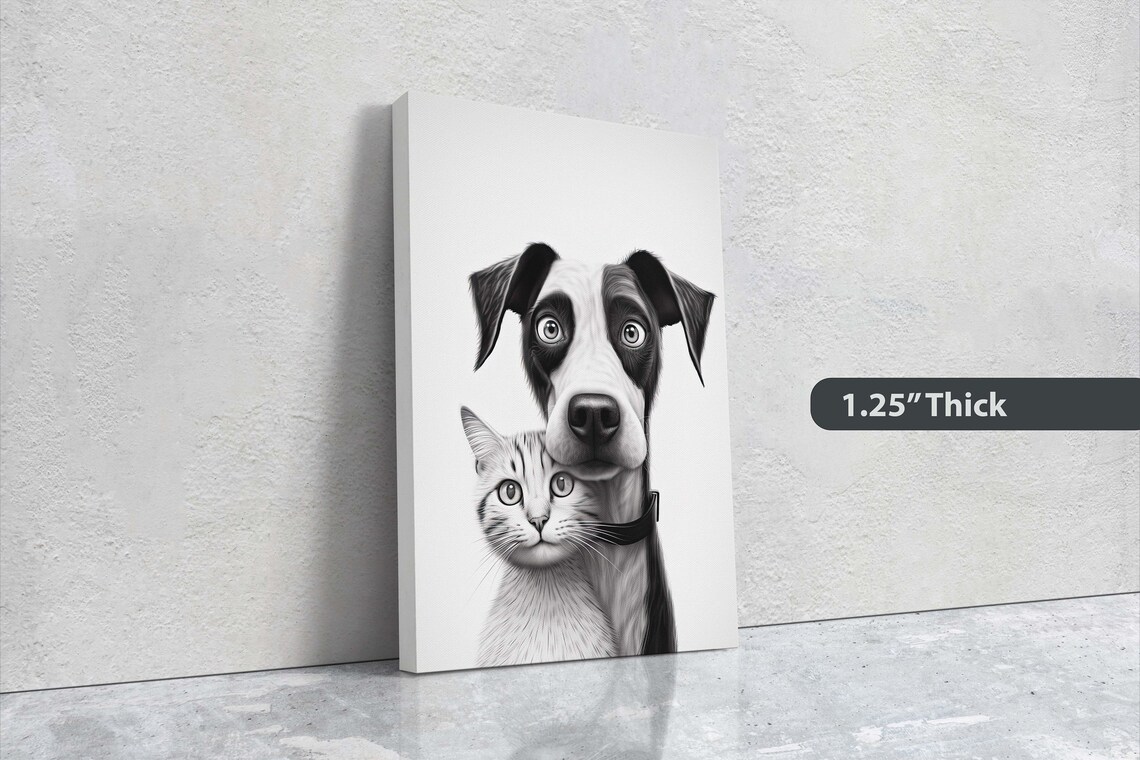 Wide Eyed Dog And Kitten Black White Sketch Pet Portrait Art Poster - Image 3