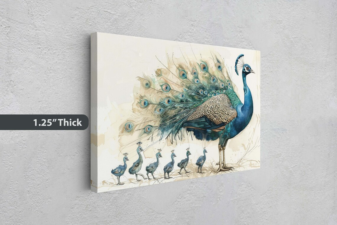 Peacock With Chicks Watercolor Elegant Neutral Bird Family Art Poster - Image 3