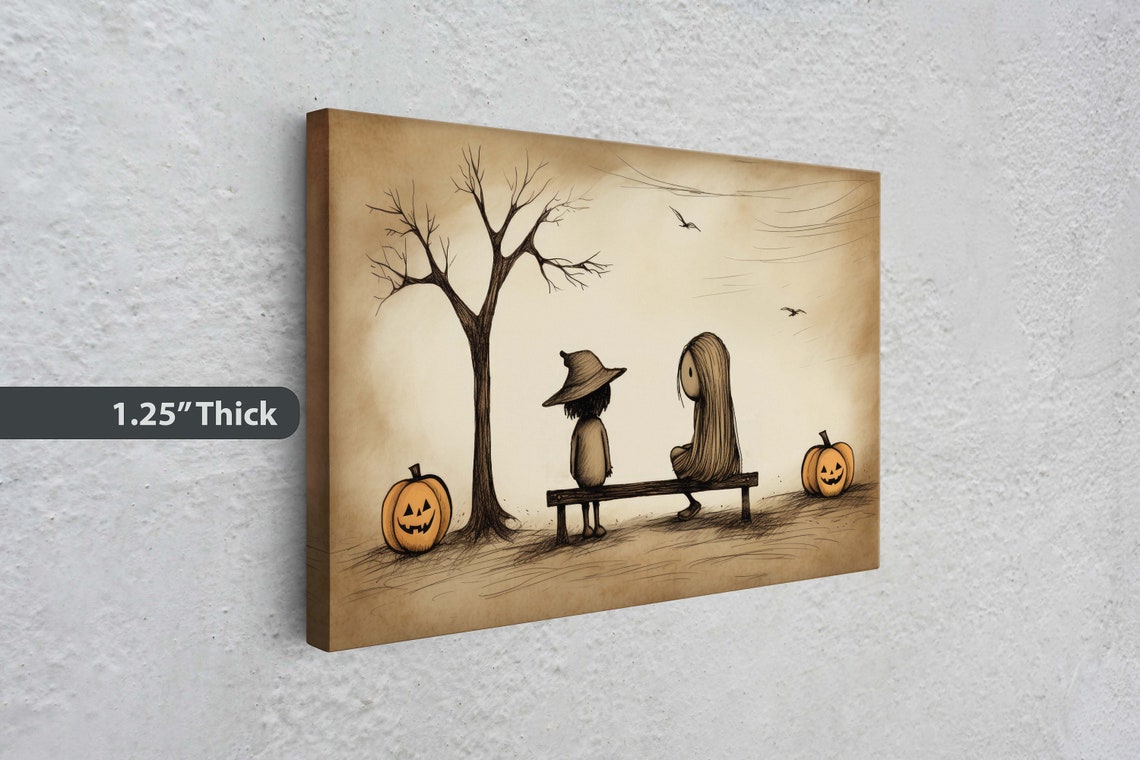 Two Kids Bench Jack O Lanterns Spooky Tree Sepia Halloween Art Poster - Image 3