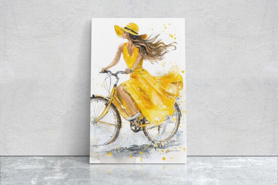 Woman Yellow Sundress Straw Hat Riding Yellow Bicycle Art Poster