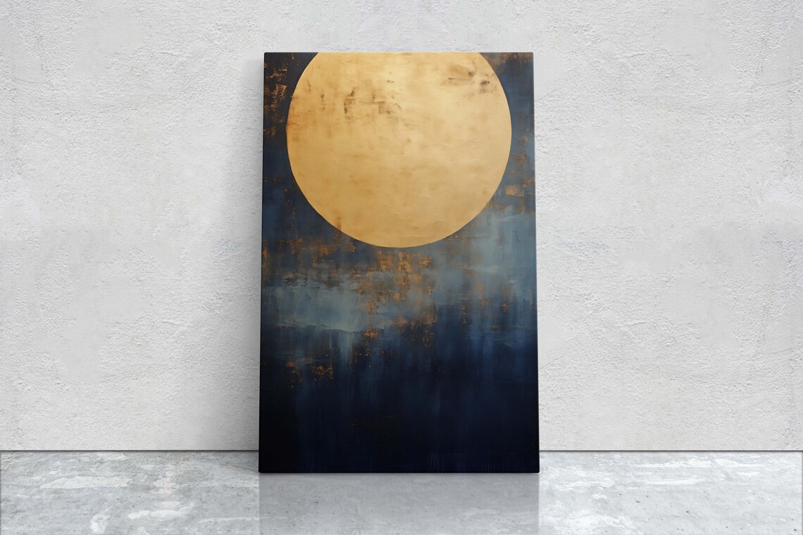 Gold Moon on Indigo Night Sky, Minimalist Art Print