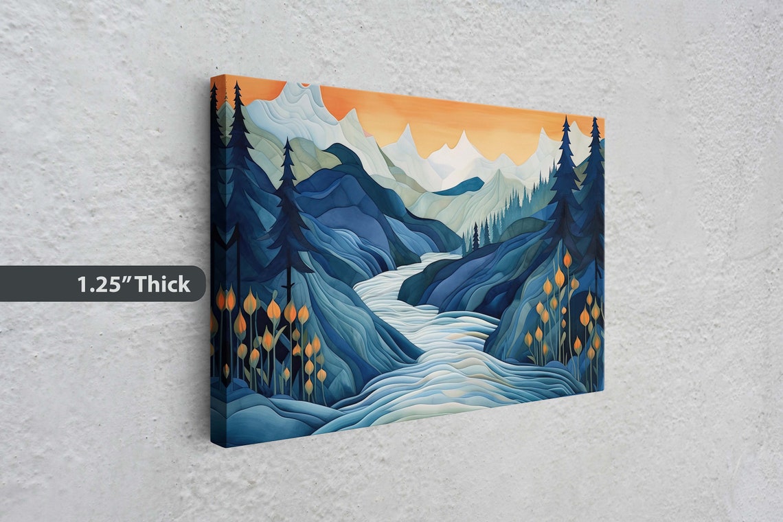 Blue Mountain River Valley Orange Sky Abstract Watercolor Art Print - Image 3