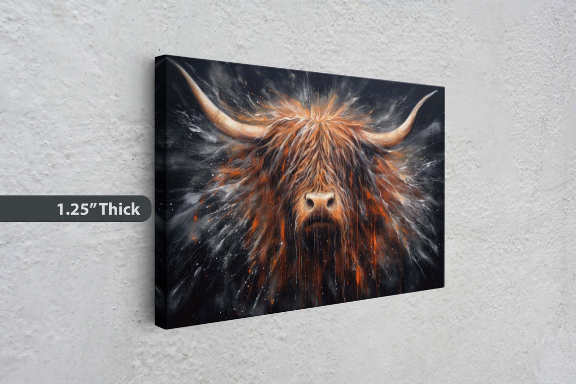 Highland Cow Portrait Splattered Paint Rustic Farmhouse Wall Art - Image 3