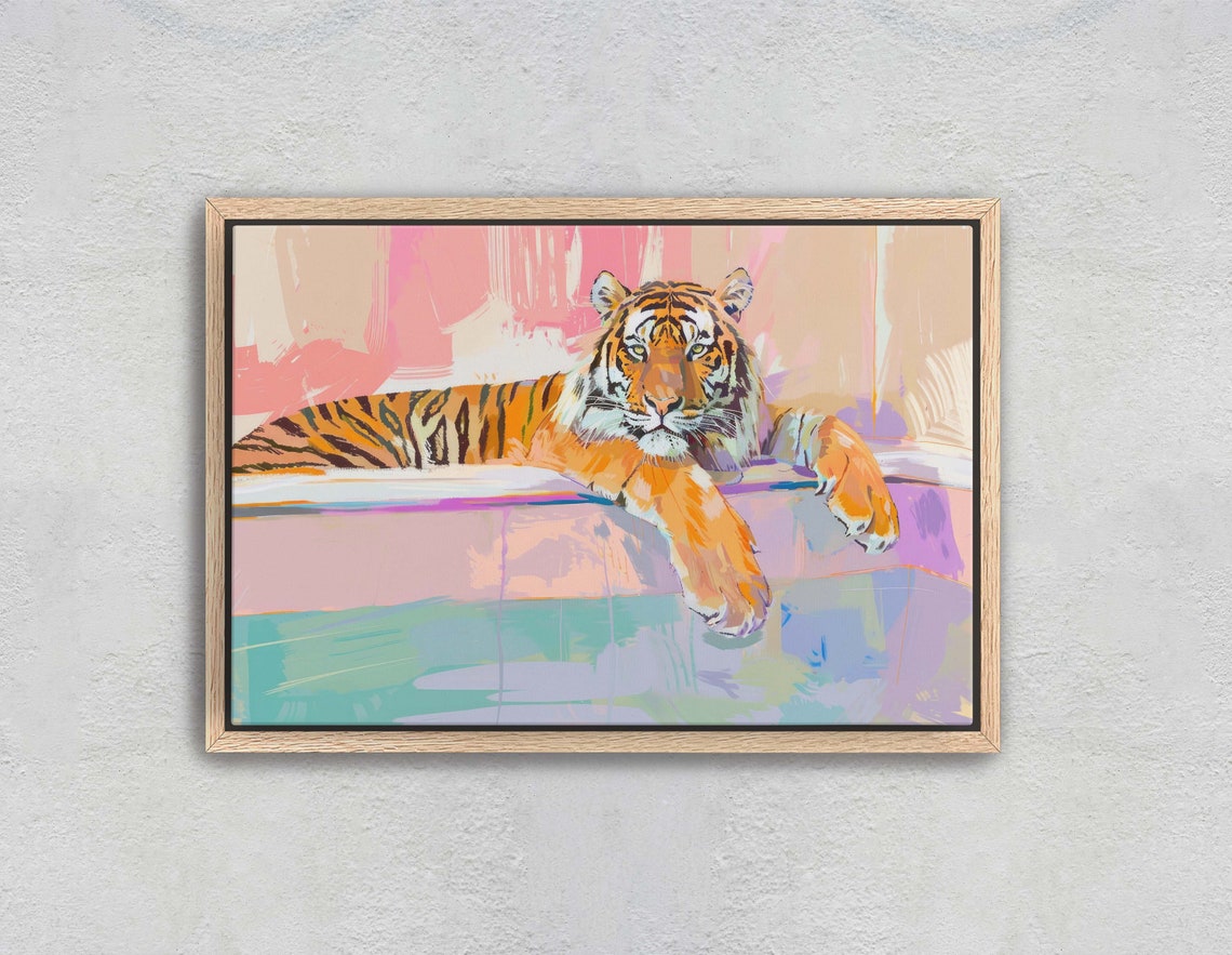 Tiger In Bathtub Pastel Pink Kitsch Fun Maximalist Bathroom Art Poster - Image 2