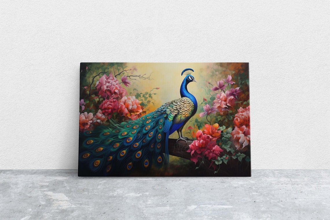 Majestic Peacock Blue Neck Golden Glow Pink Blossoms Bird Art Poster