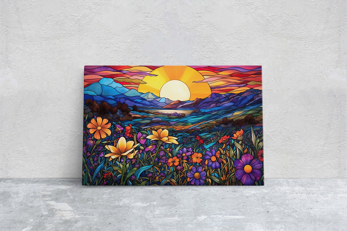 Stained Glass Blue Mountains Floral Landscape Art Print