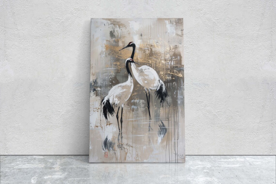 Pair of Japanese Cranes Gold Beige Minimalist Watercolor Art Poster