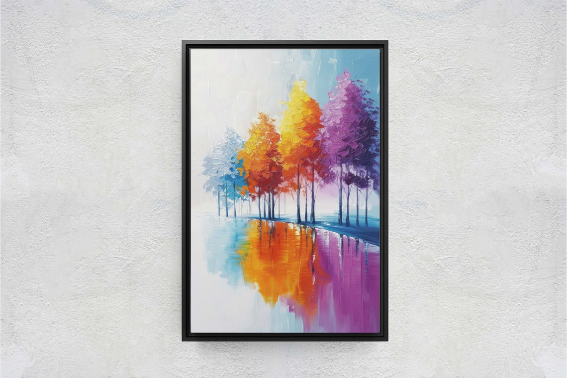 Rainbow Trees By Lake Blue Orange Purple Water Reflection Art Poster - Image 2