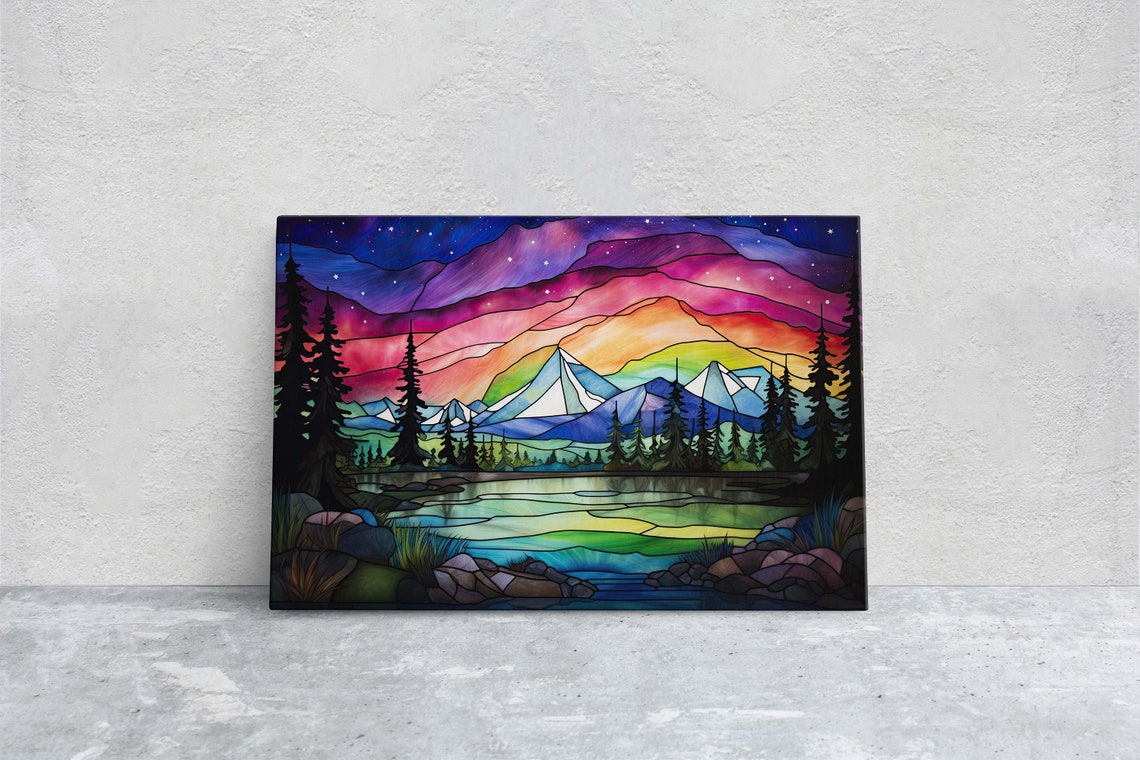 Aurora Borealis Stained Glass Mountain Lake Night Lights Art Print