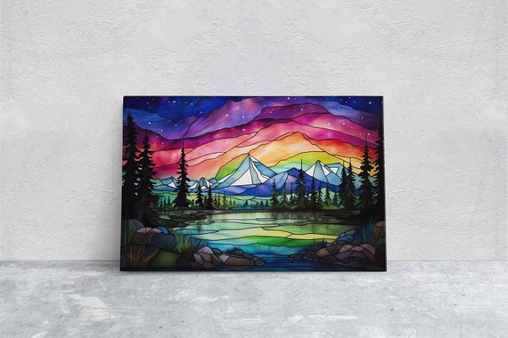 Aurora Borealis Painting Night Moon Mountains Mountain Landscape Framed Cold Mountains Snow Peaks