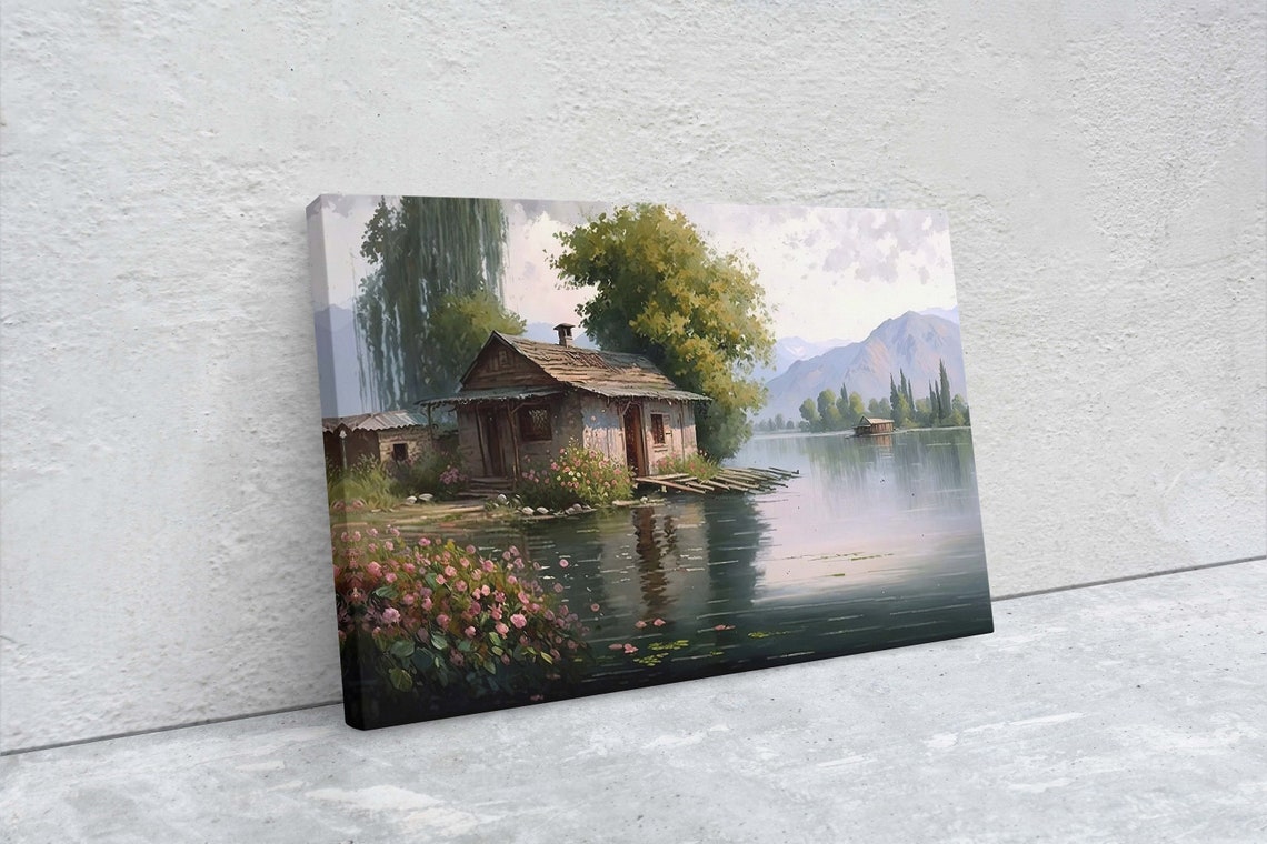 Lakeside Cottage Wildflower Garden Calm Lake Reflection Village Poster - Image 2