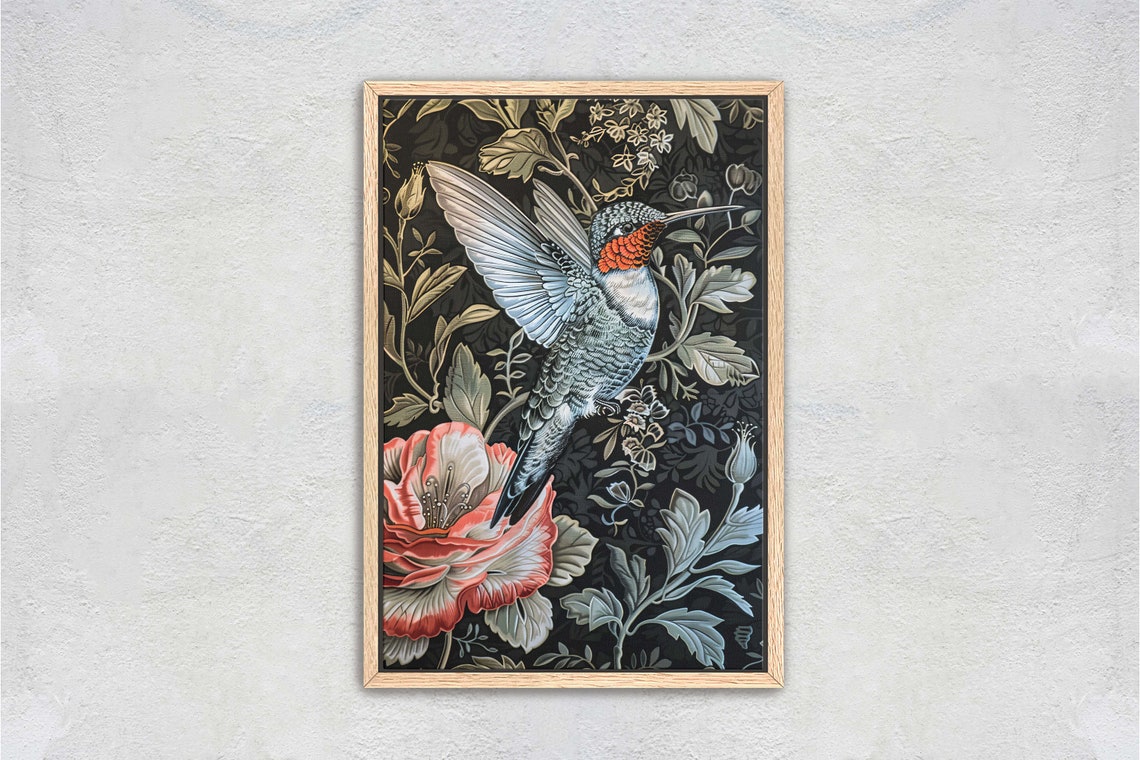 Ruby Hummingbird on Pink Blossom Black Floral William Morris Wall Art - Image 2