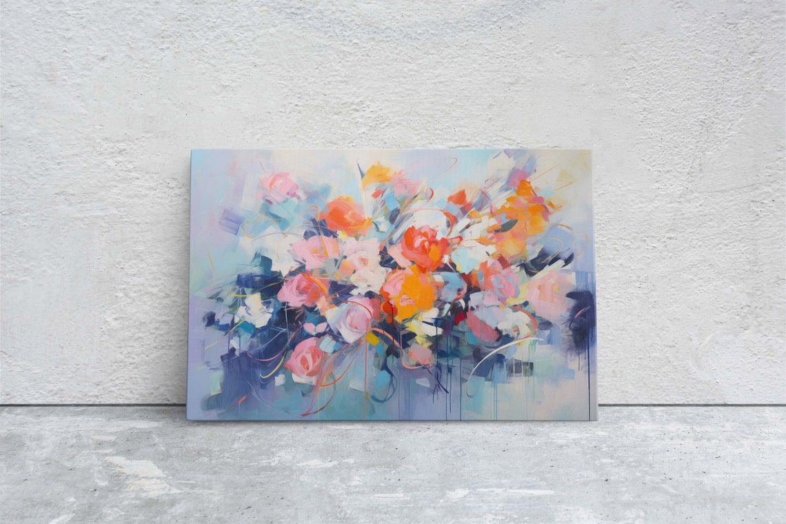 Abstract Floral Bouquet Vivid Orange Pink Roses Blue Canvas Art Poster