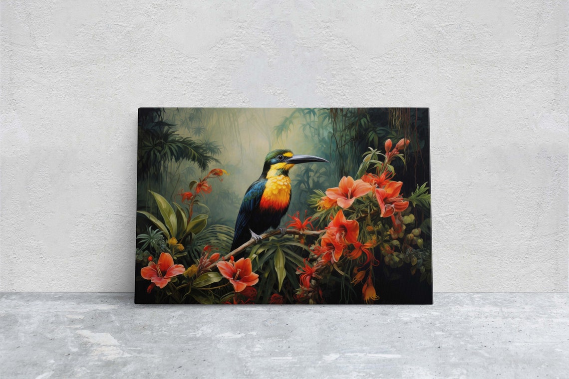 Colorful Beak Bird Red Jungle Flowers Misty Rainforest Art Poster