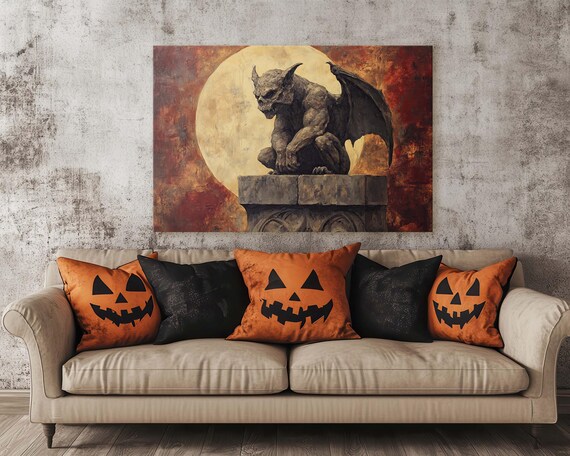 Stone Gargoyle Perched Before Giant Full Moon Dark Gothic Art Poster