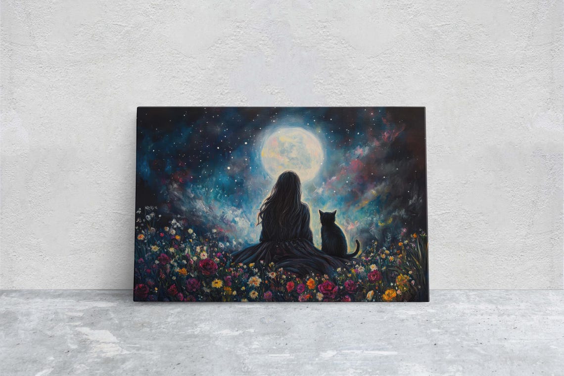 Witch Girl and Black Cat Under Full Moon Starry Night Sky Art Print - Image 3