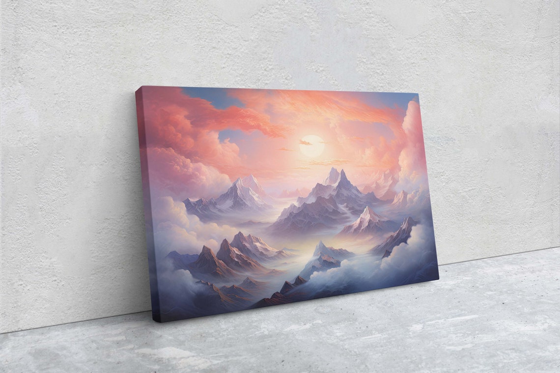 Misty Mountain Peaks Above Clouds Pink Sunrise Alpine View Art Print - Image 2