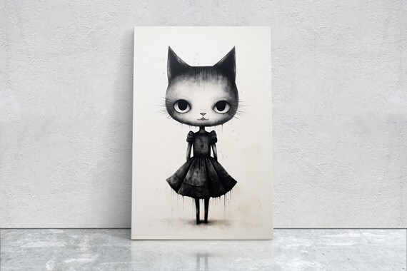 Creepy Cute Black Cat Girl Big Eyes Dark Dress Character Art Poster