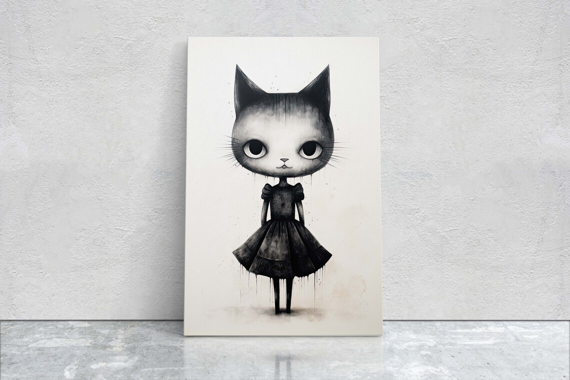 Creepy Cute Black Cat Girl Big Eyes Dark Dress Character Art Poster