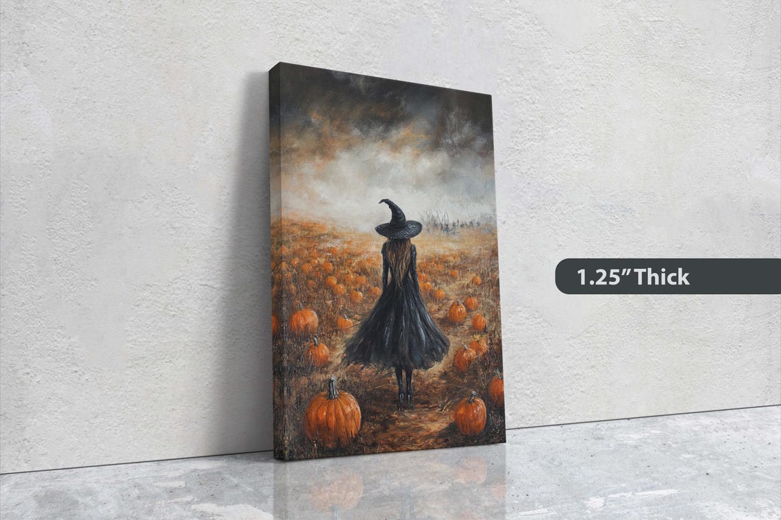 Witch Standing in Pumpkin Patch Moody Autumn Gothic Halloween Poster - Image 3