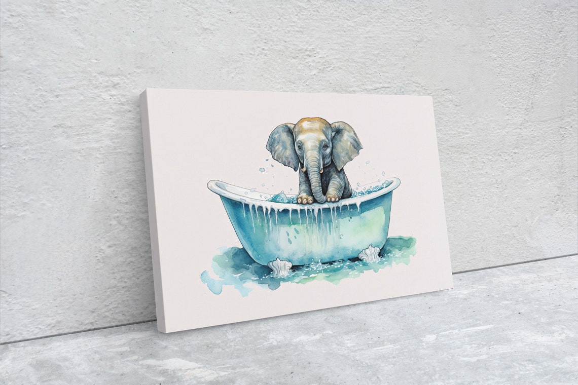 Baby Elephant In Blue Bathtub Watercolor Kids Bathroom Wall Art - Image 2