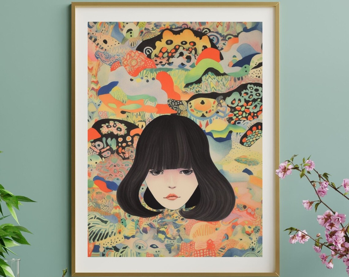 Bob Hair Girl Psychedelic Pattern Colorful Portrait Poster Art
