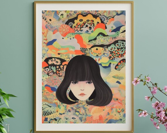 Bob Hair Girl Psychedelic Pattern Colorful Portrait Poster Art