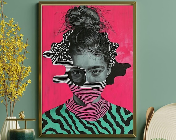 Pop Art Woman Pink Neon Striped Portrait Bold Fashion Art Poster