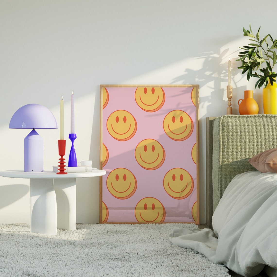 Yellow Smiley Faces Pattern on Pink Retro Dorm Room Aesthetic Poster - Image 4