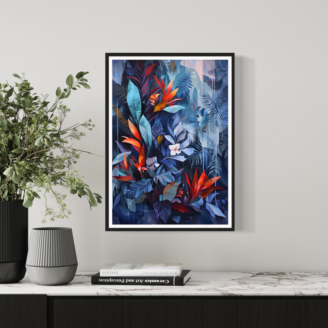 Blue Tropical Leaves Dark Navy Jungle Botanical Moody Art Print - Image 4