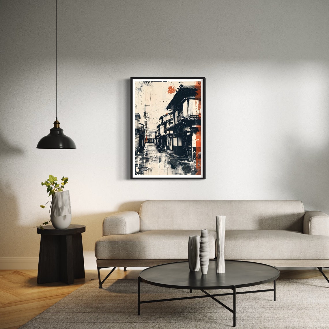 Streets Of Japan Art Print Abstract Monochrome Ink Style Drawing Splash Of Red Urban Cityscape Wall Decor Contemporary Japanese Painting - Image 3