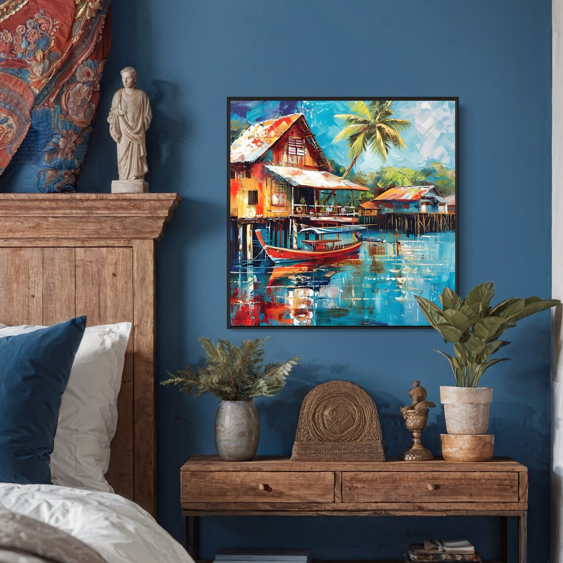 Thailand Riverside Stilt Houses Longtail Boat Colorful Travel Poster - Image 2