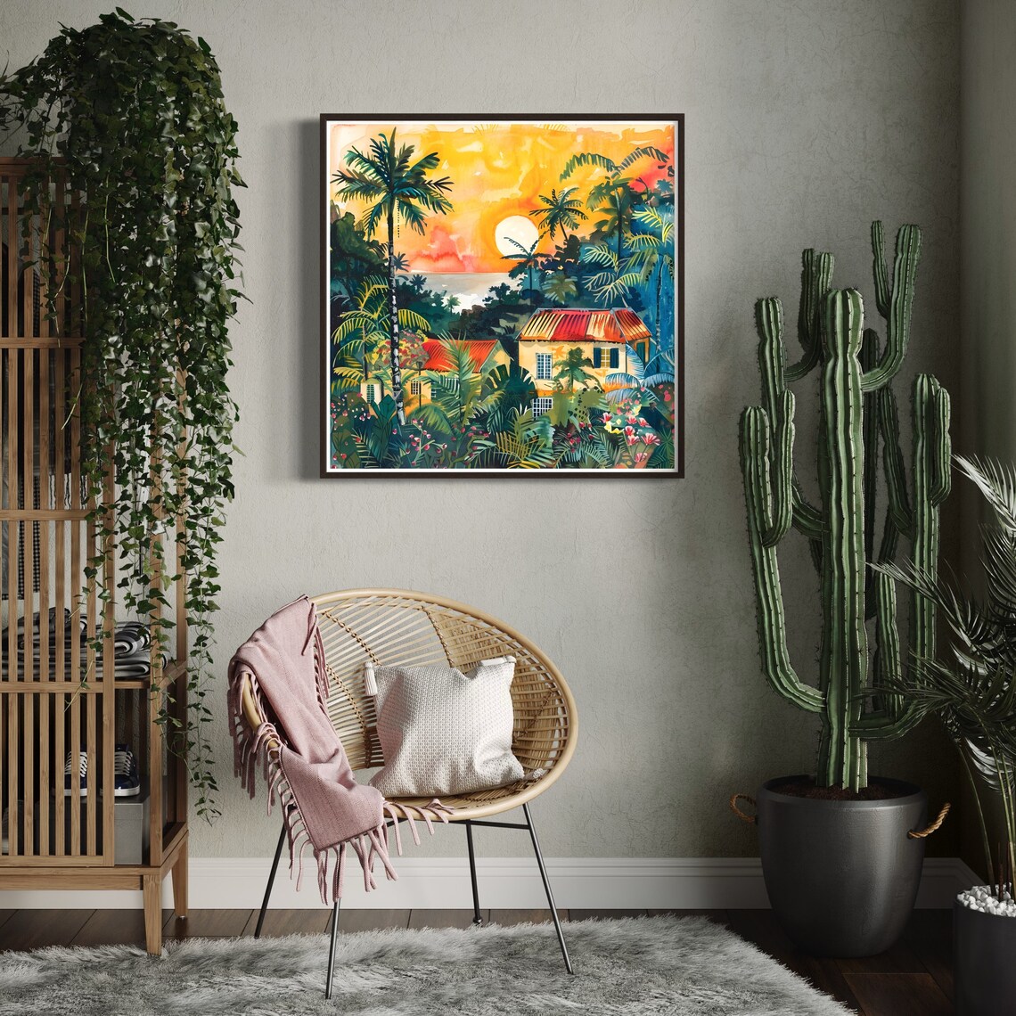 Tropical Island Sunrise Palm Trees Colorful Houses Ocean View Poster - Image 2
