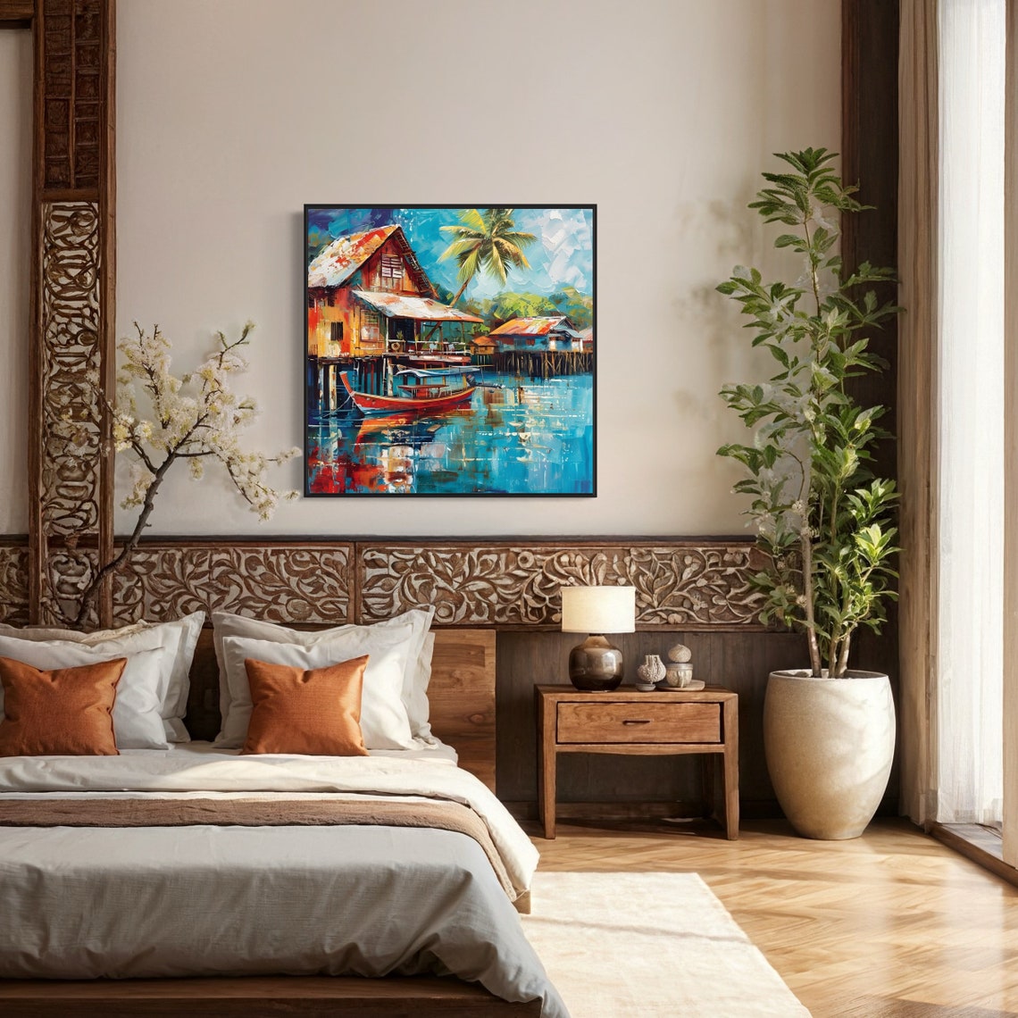 Thailand Riverside Stilt Houses Longtail Boat Colorful Travel Poster - Image 3