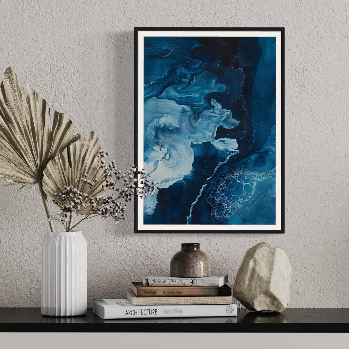 Deep Blue Ocean Abstract Fluid Ink Marble Contemporary Art Print - Image 2