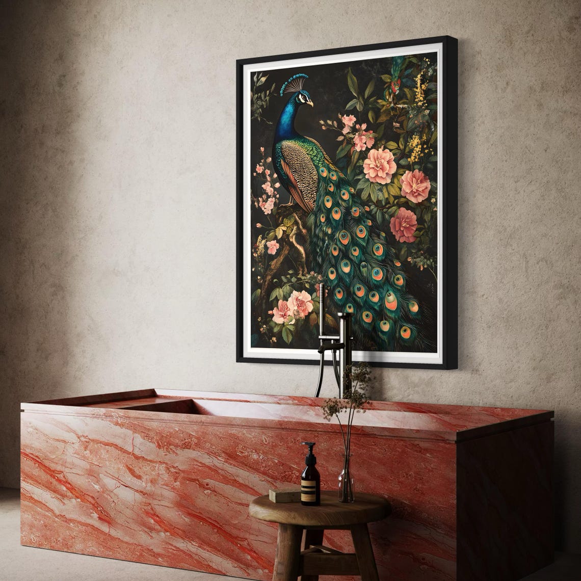 Peacock Tail Feathers Pink Flowers Dark Vintage Bird Portrait Poster - Image 2