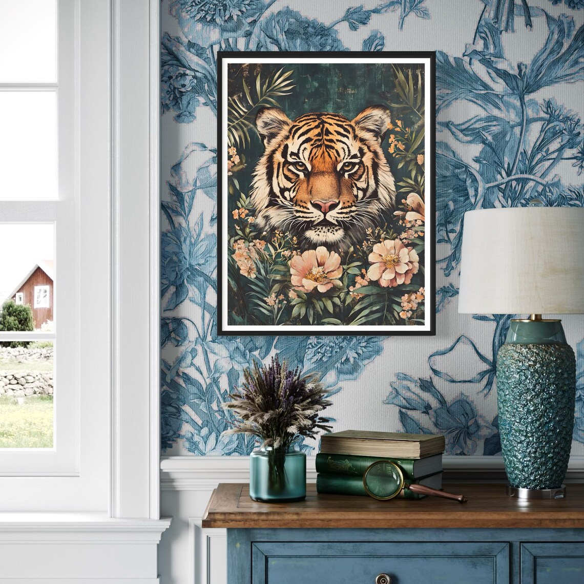 Tiger Face Dark Jungle Floral Vintage Wildlife Portrait Poster - Image 3