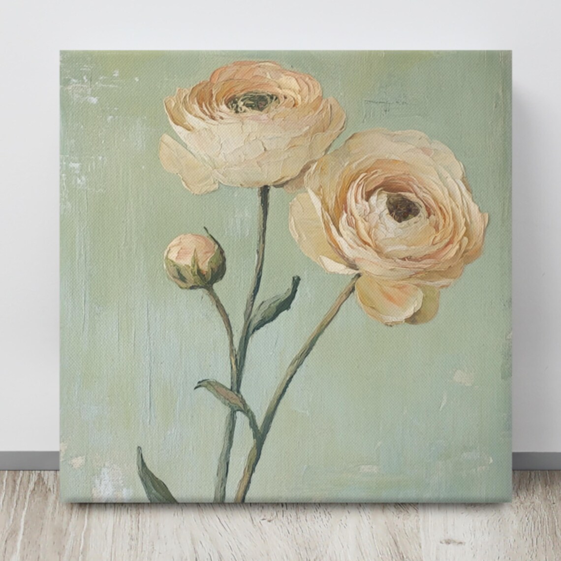 Ivory Ranunculus Two Blooms Sage Green Vintage Floral Art Poster - Image 4