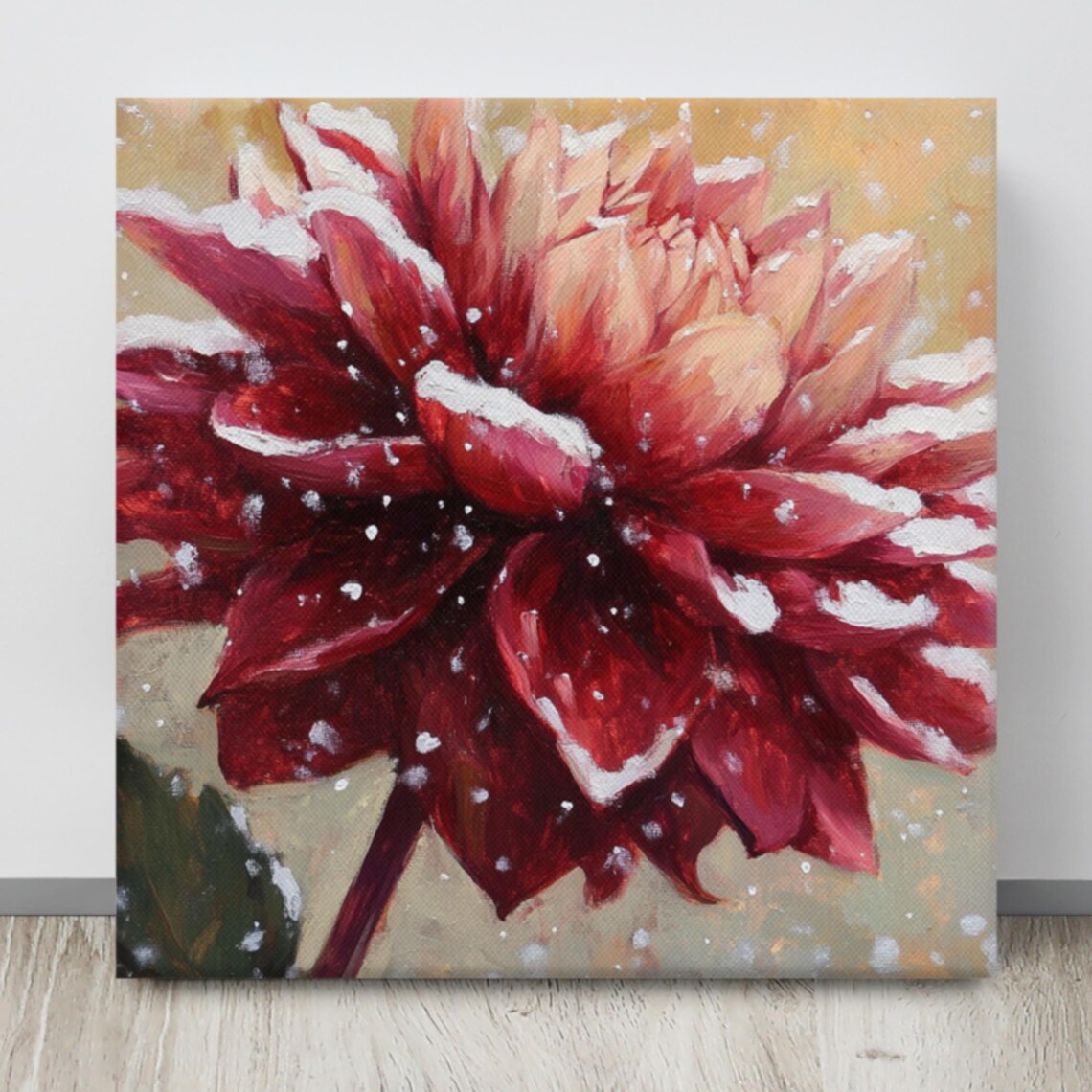Red Dahlia Snow Dusted Petals Winter Floral Oil Painting Poster - Image 4