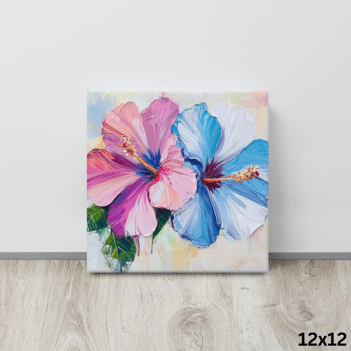 Pink Blue Hibiscus Blooms Impasto Flower Painting Print Poster - Image 4
