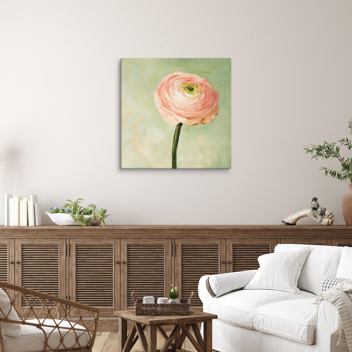 Pink Ranunculus Pastel Single Bloom Soft Floral Oil Painting Print - Image 3