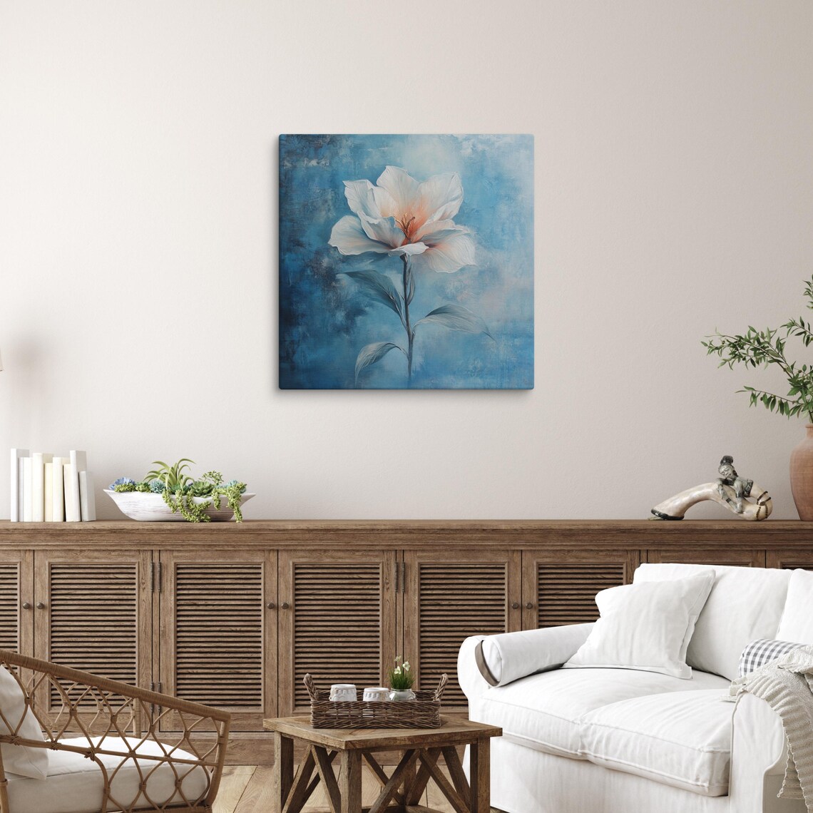 White Mystical Flower Deep Blue Dreamy Night Floral Art Poster - Image 3