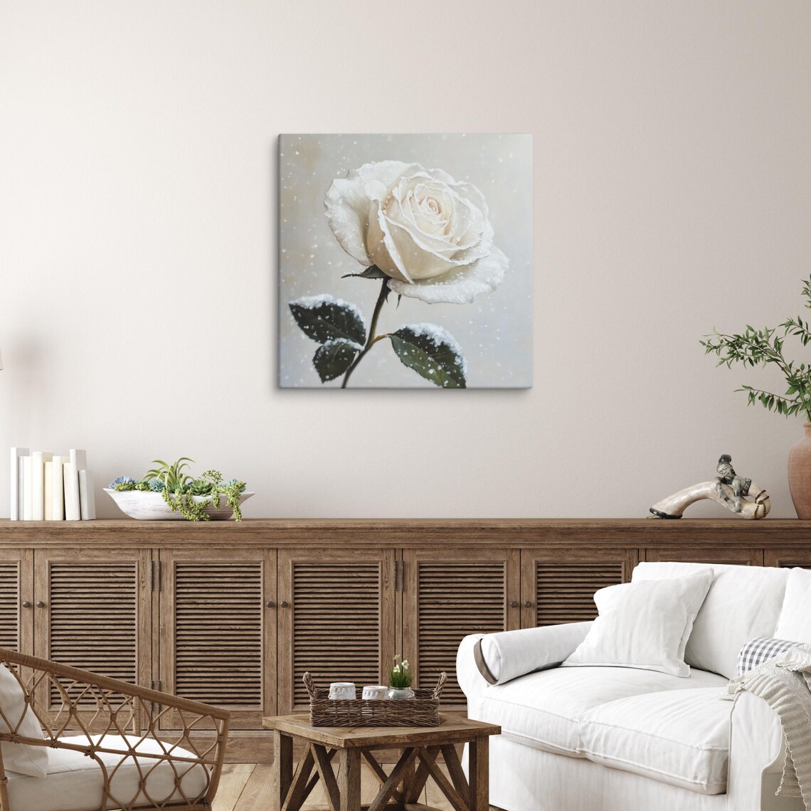 White Rose Frost Snowflakes Winter Scene Painting Art Poster - Image 3