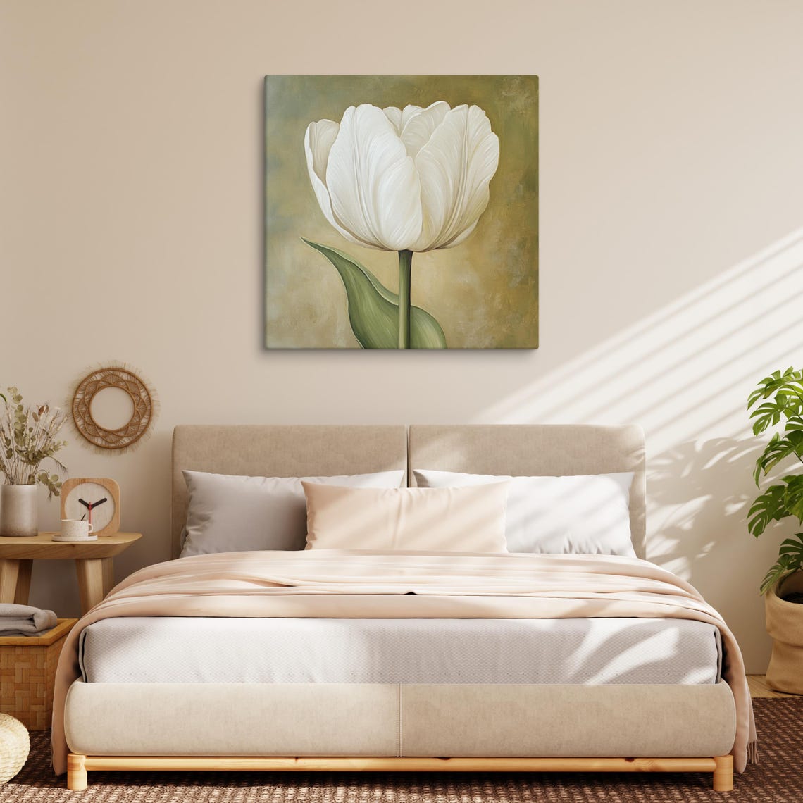 White Tulip Bloom Golden Olive Background Botanical Wall Art - Image 2