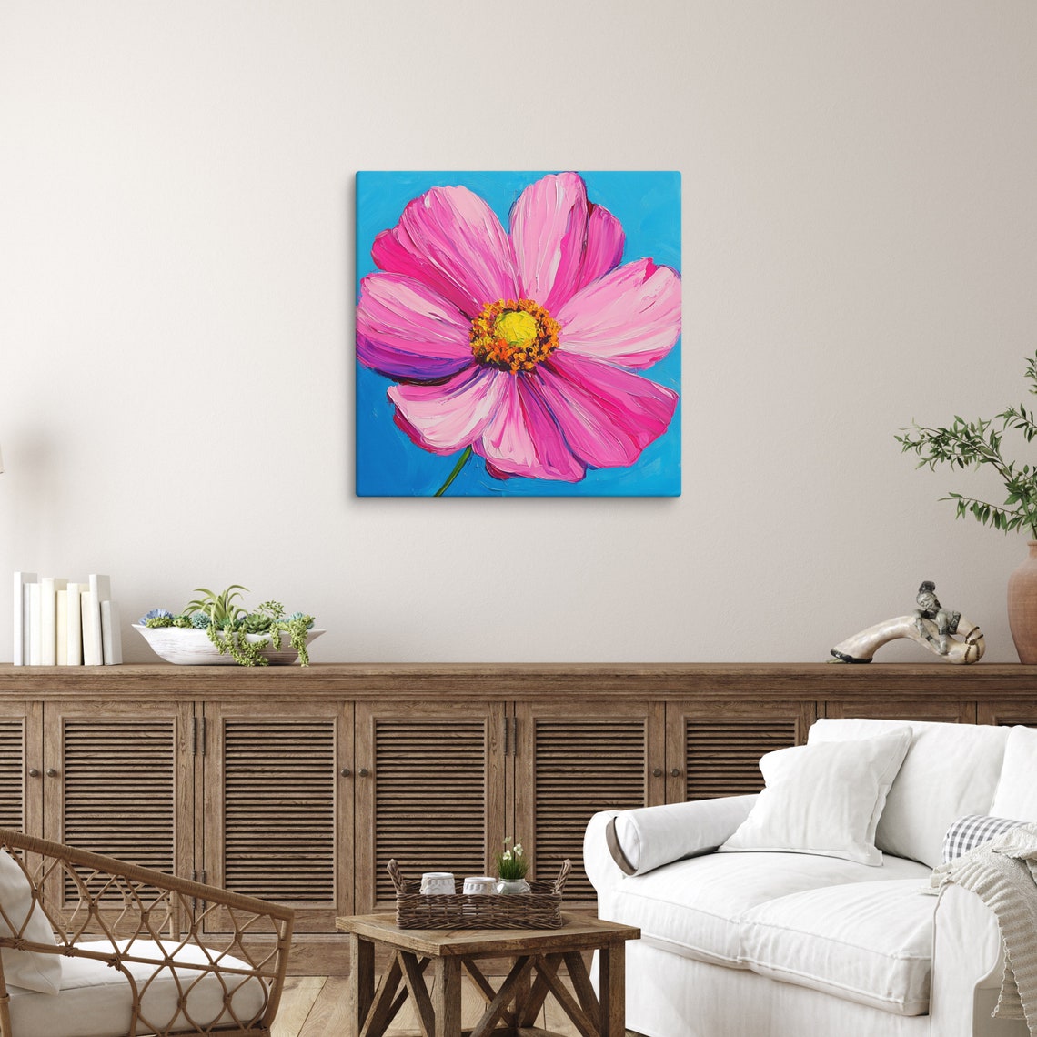 Bright Pink Cosmos Flower Blue Background Impasto Print Poster - Image 2