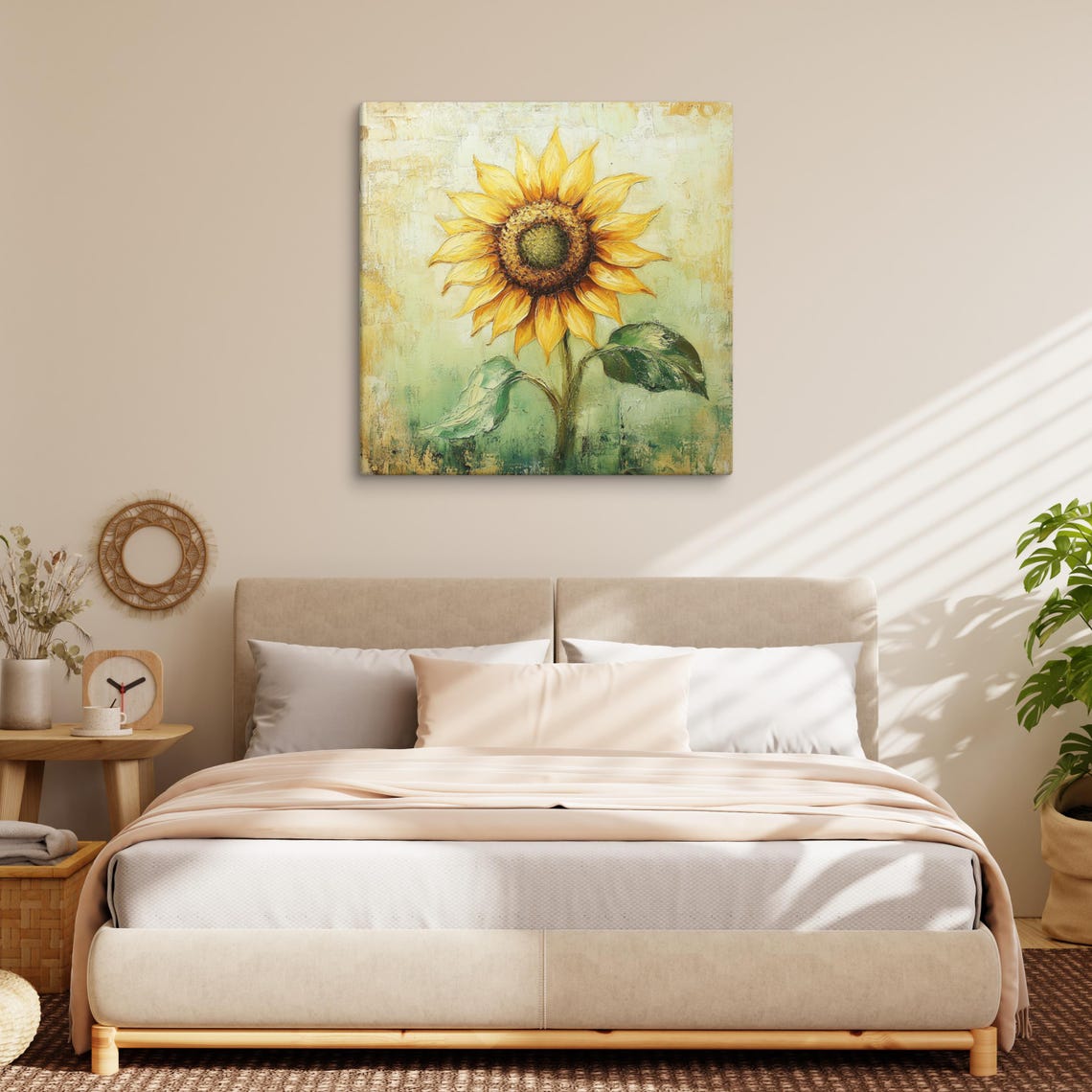 Yellow Sunflower Bloom Impasto Rustic Floral Art Canvas Poster - Image 2
