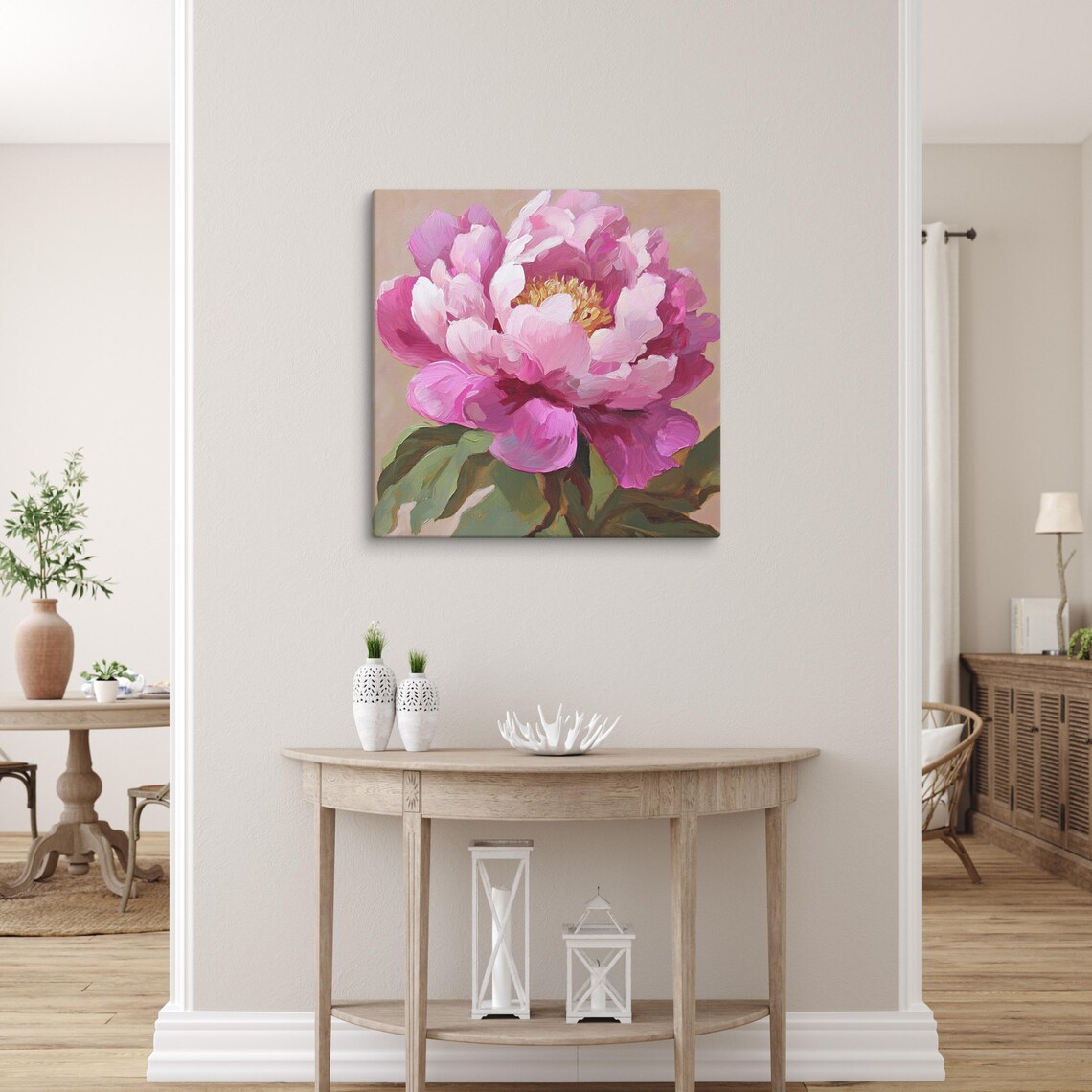 Magenta Pink Peony Golden Center Oil Painting Floral Art Poster - Image 3