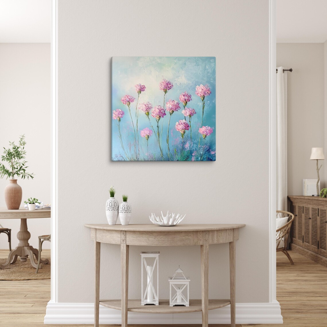 Pink Sea Thrift Flowers Dreamy Blue Sky Painting Print Poster - Image 5