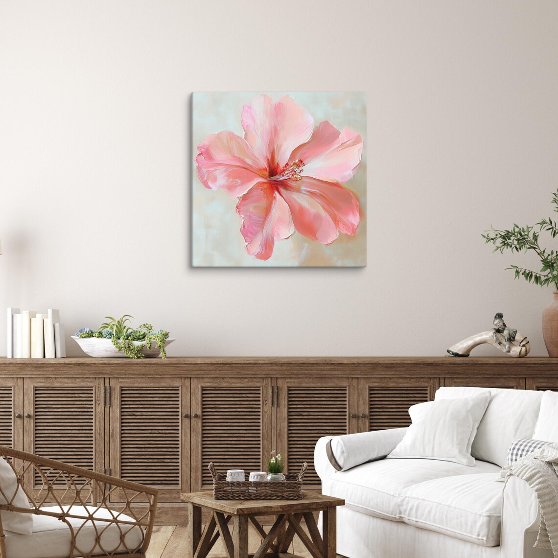 Pink Hibiscus Large Tropical Bloom Soft Floral Painting Print - Image 2